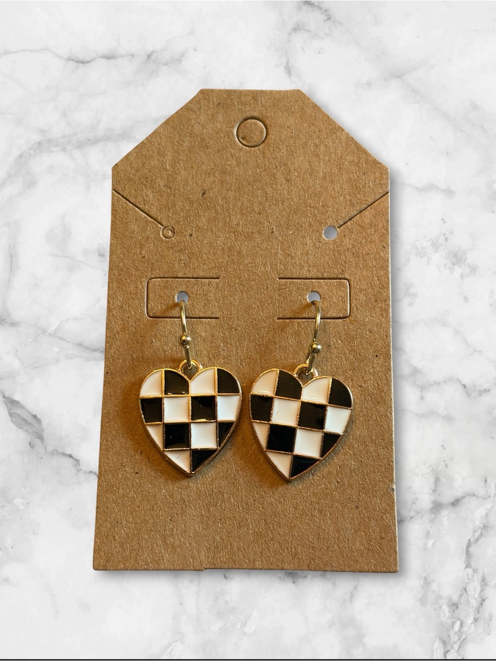Gold Heart Checkered Drop Earrings - Black & White